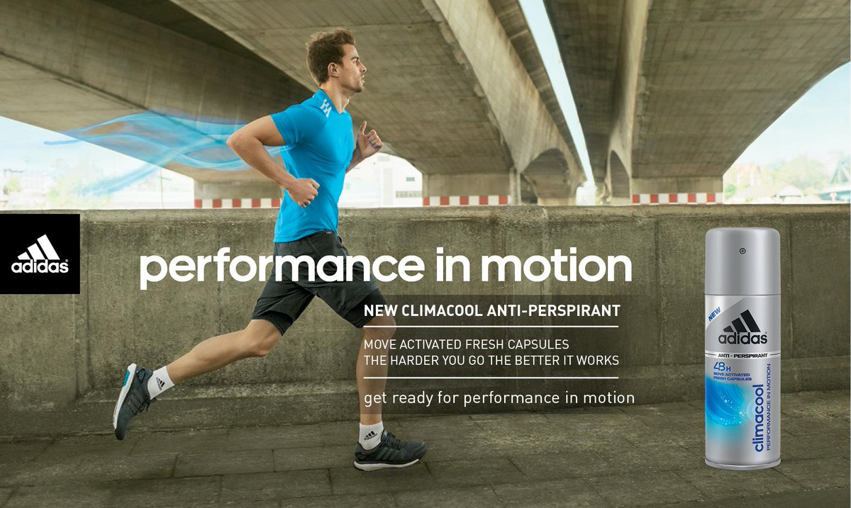 Adidas Brand Extension Leverages Halo Effect - Adidas Ad for Climacool Anti-Perspirant. Man in Adidas Gear Running