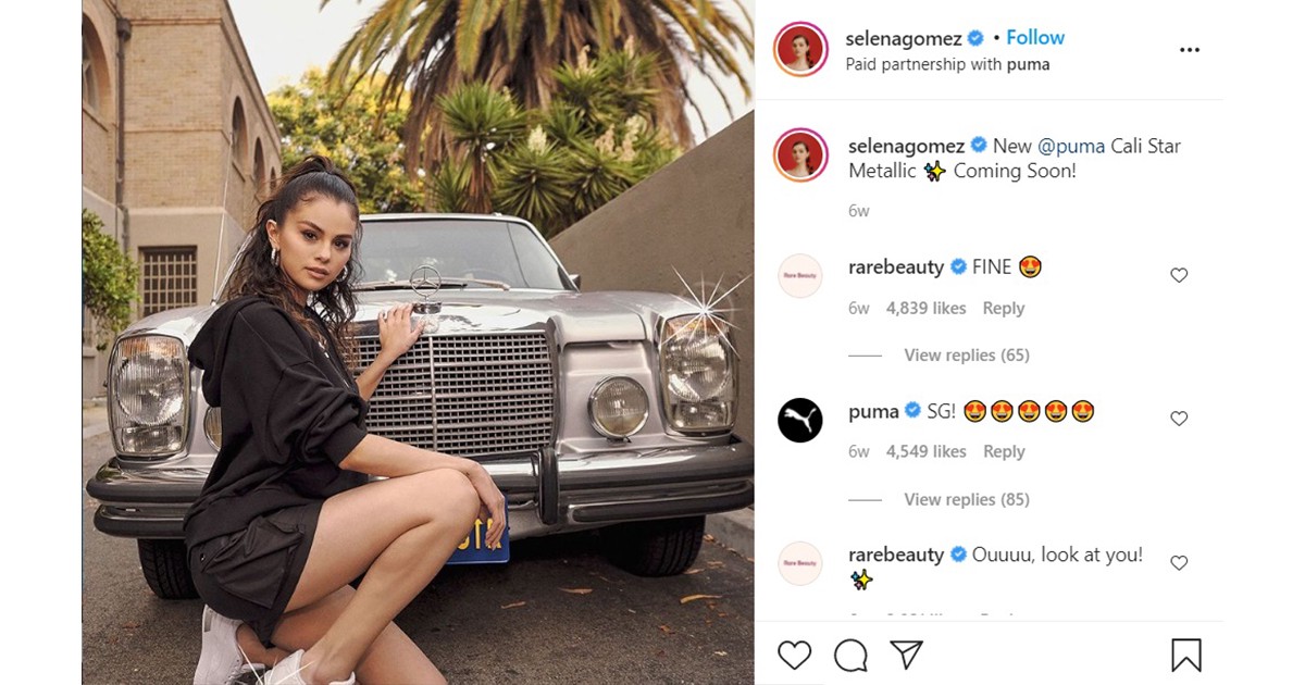 Selena Gomez Influencer Marketing Example - Instagram Post for Puma Showing Gomez Wearing White Puma Tennis Shoes