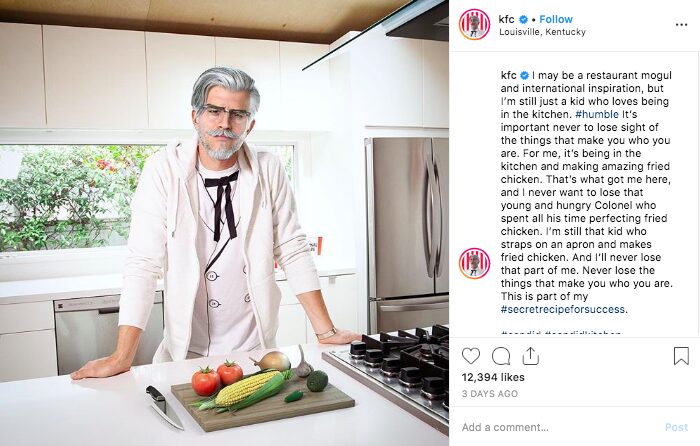 Virtual Influencer Colonel Sanders from KFC - social media post of him in the kitchen cutting vegetables.