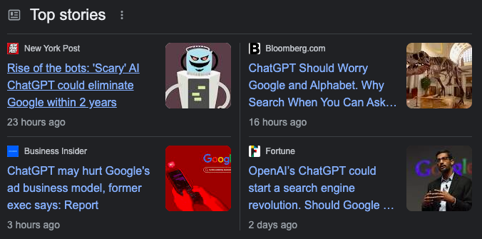 Screenshot of top stories on Google with headlines predicting ChatGPT eliminating Google