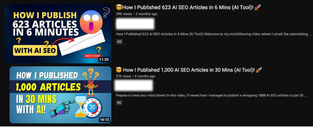 YouTube thumbnails of videos that show how to generate 1,000 articles in 30 minutes with AI