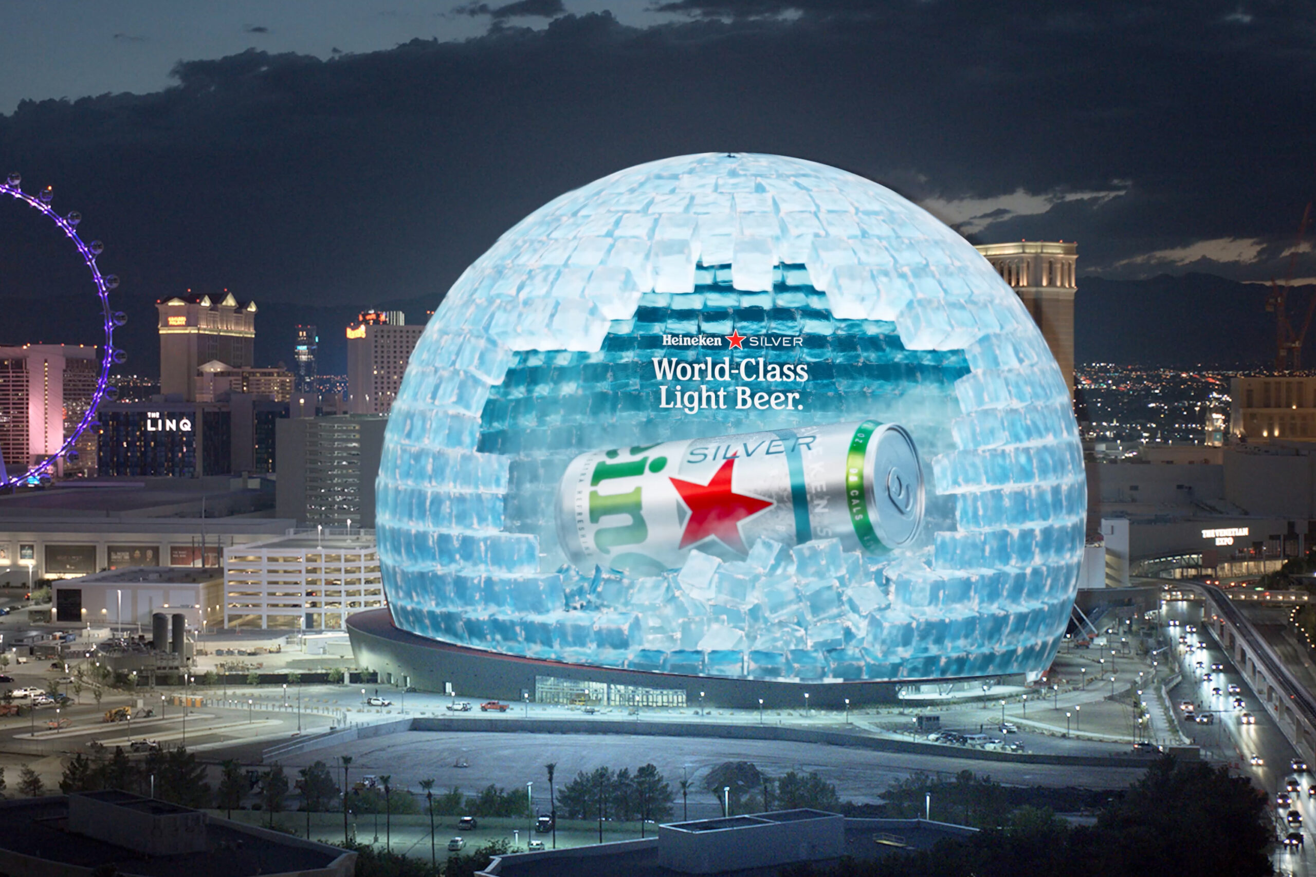 The Las Vegas Sphere showing an ad with a Heineken encased in ice