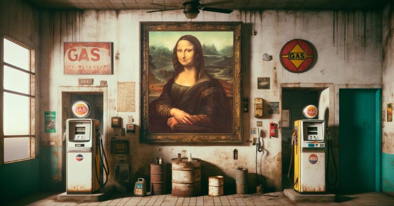 Mona Lisa Hanging in Back of Dingy Old Gas Station
