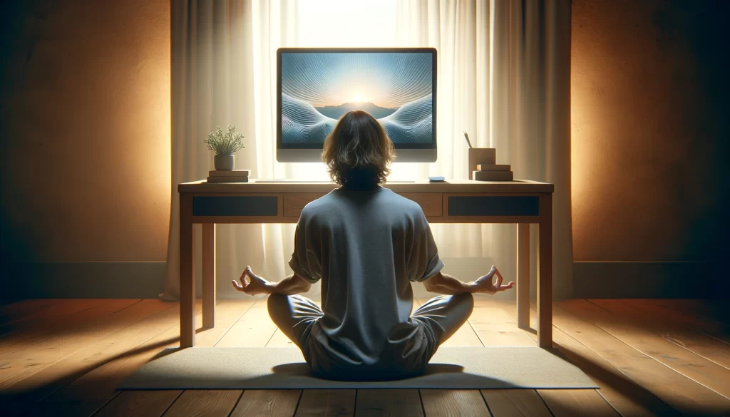 User meditating in front of desktop computer monitor, soft ambience surrounding