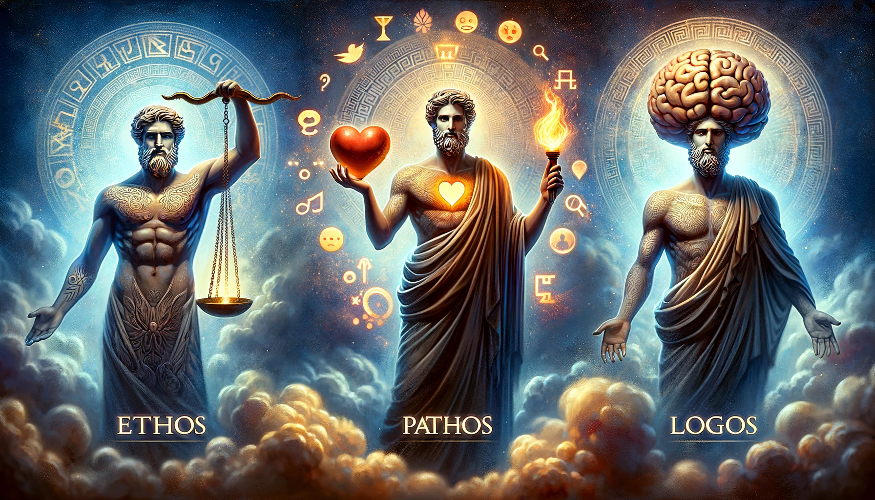 Ethos Pathos and Logos represented as Greek Gods