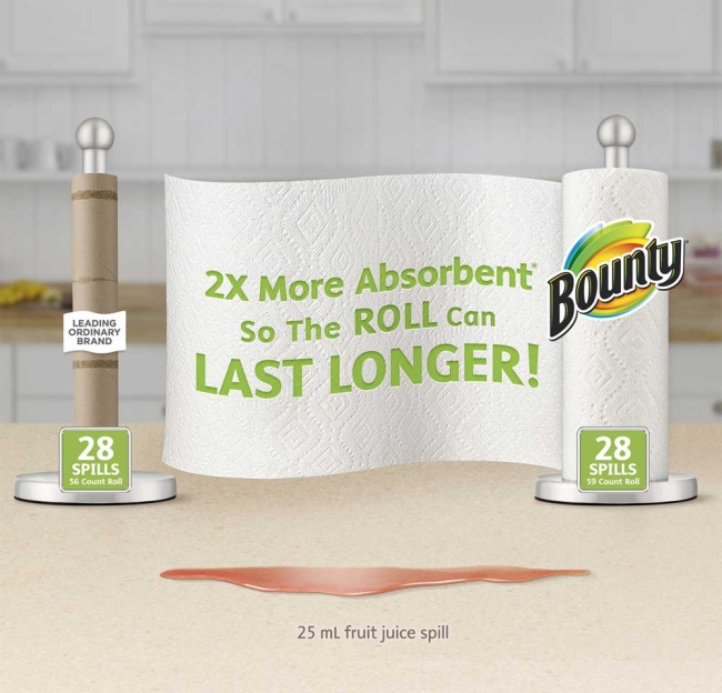 Logos ad example with Bounty showing stats on how absorbent their product is vs. competition