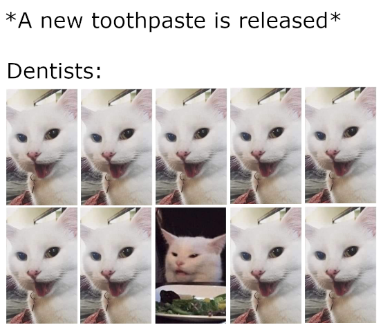 logos example - 9 out of 10 dentists meme with 9 happy cats and 1 angry cat.