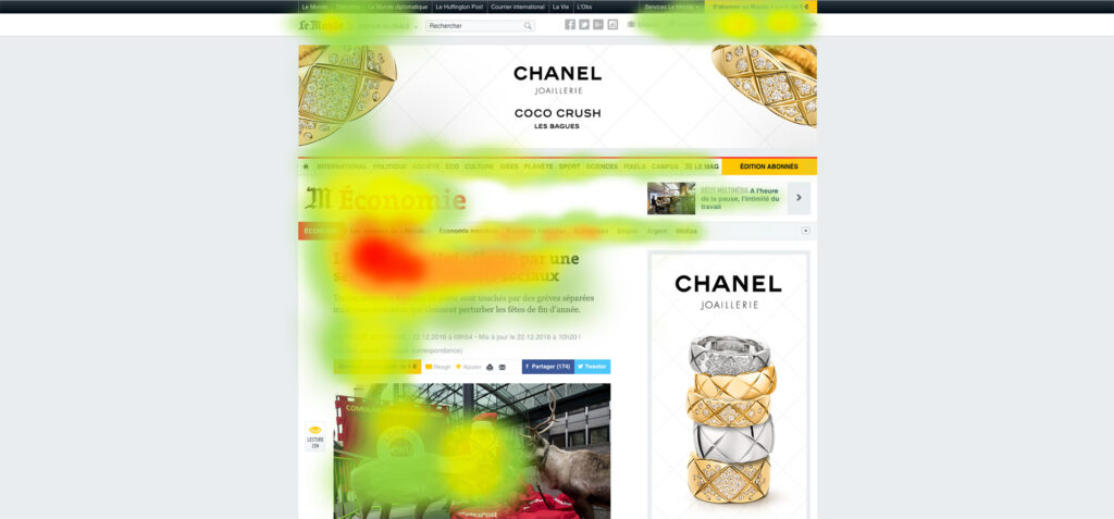 Banner Blindness example with heatmap showing user's eyes avoiding common ad placements at top and on right