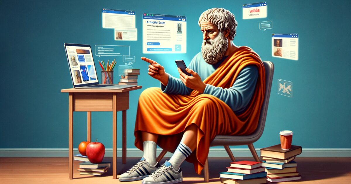 Modern day styled Aristotle embodying ethos pathos logos with digital advertising efforts