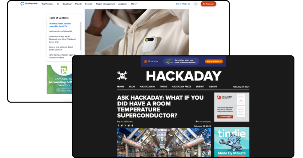 Screenshots of TechRepublic and Hackaday, two long tail open internet sites with great user experience