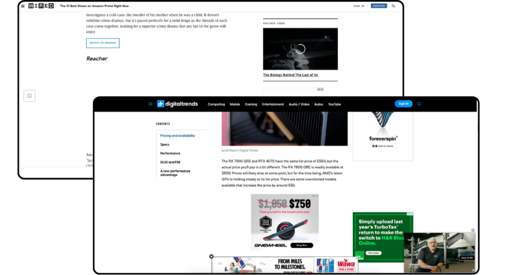 Screenshots of Wired and Digital Trends showing a poor user experience