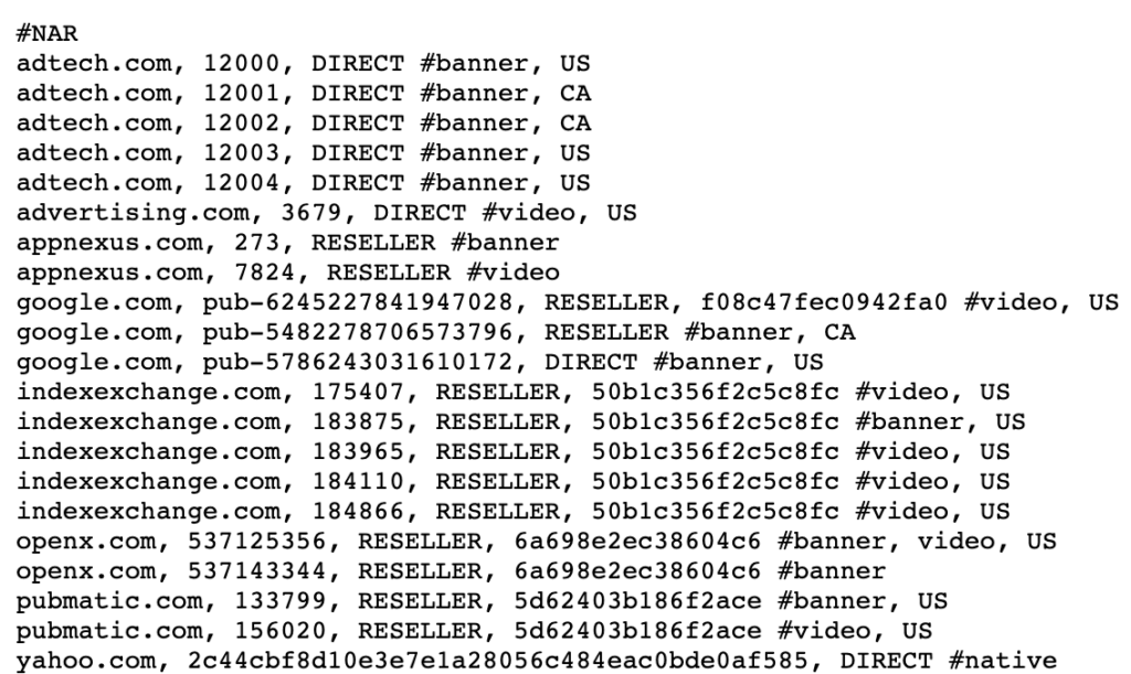 Ads.txt file screenshot showing many direct and reseller partners listed.