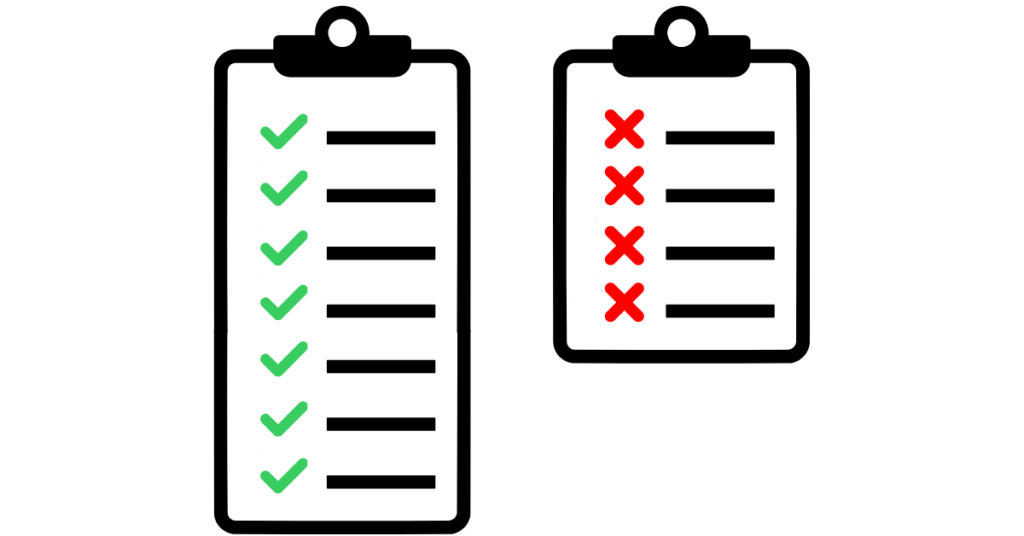 Two clipboards, one portraying an inclusion list with checkmarks, and another portraying a blocklist with X's