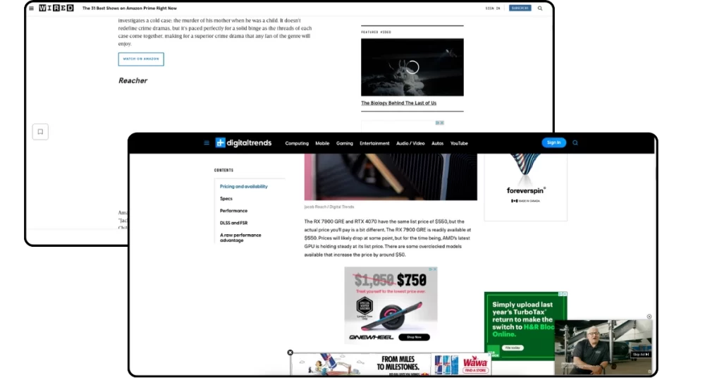 Screenshots of prominent Top 500 websites with a poor ad experience.