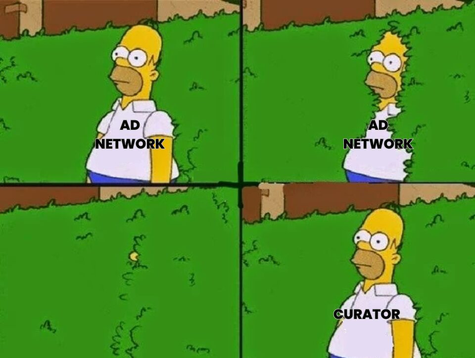 Programmatic Curation Meme - Homer Simpson emerging into bushes as Ad Network, reappearing as Curator